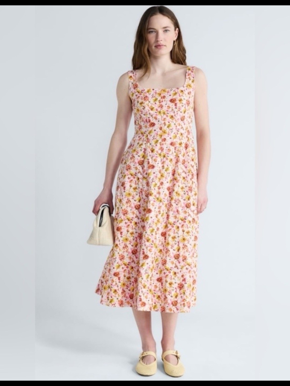 Free Assembly Tickled Pink Square Neck Cotton Midi Panel Dress